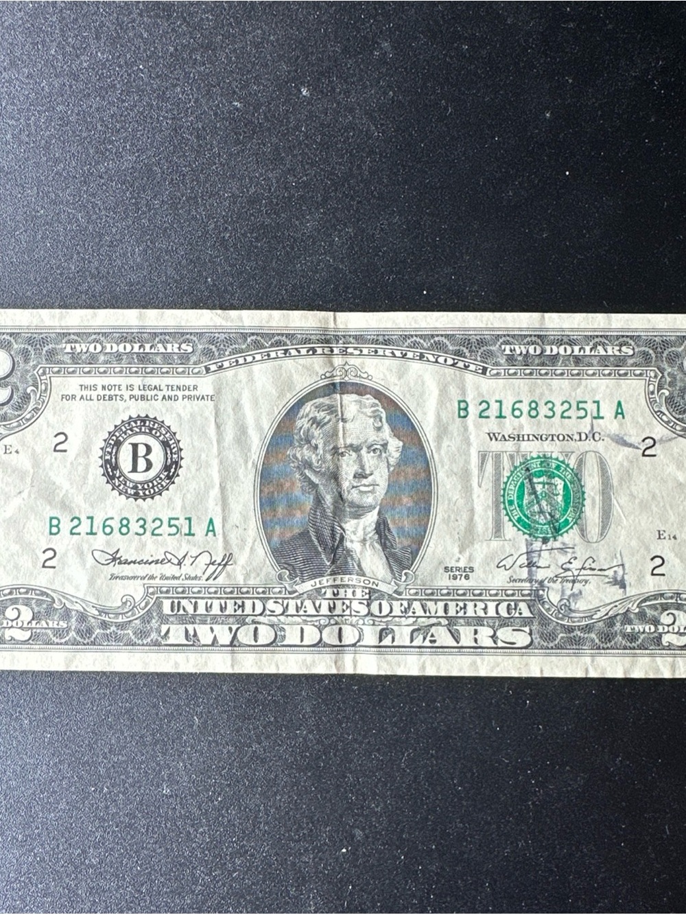 Vintage 1976 - USA $2 bill - American two dollar note - B21683251A - Rare